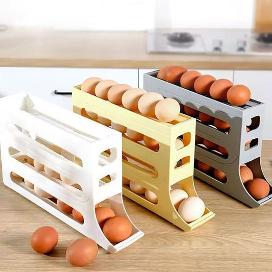 Three EggFlow Premium Refrigerator Egg Organizers in white yellow and grey on a wooden surface